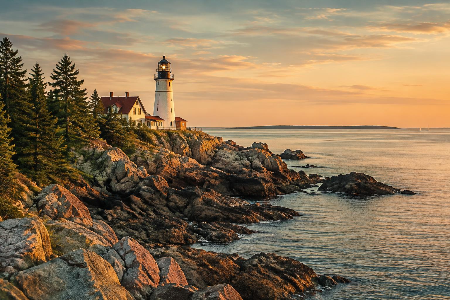 Rocky Maine coastline with a lighthouse at golden hour