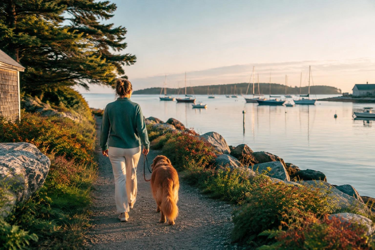 Person walking a coastal path in Maine at sunrise
